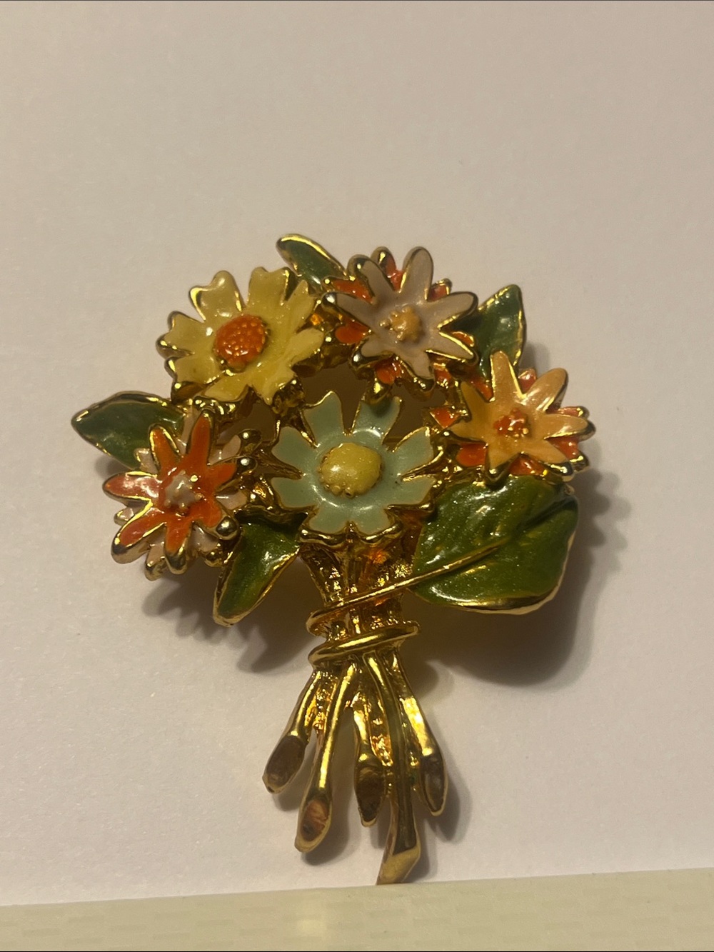 Floral Bouquet Gold-Tone Enamel Brooch - Yellow, Orange & Green